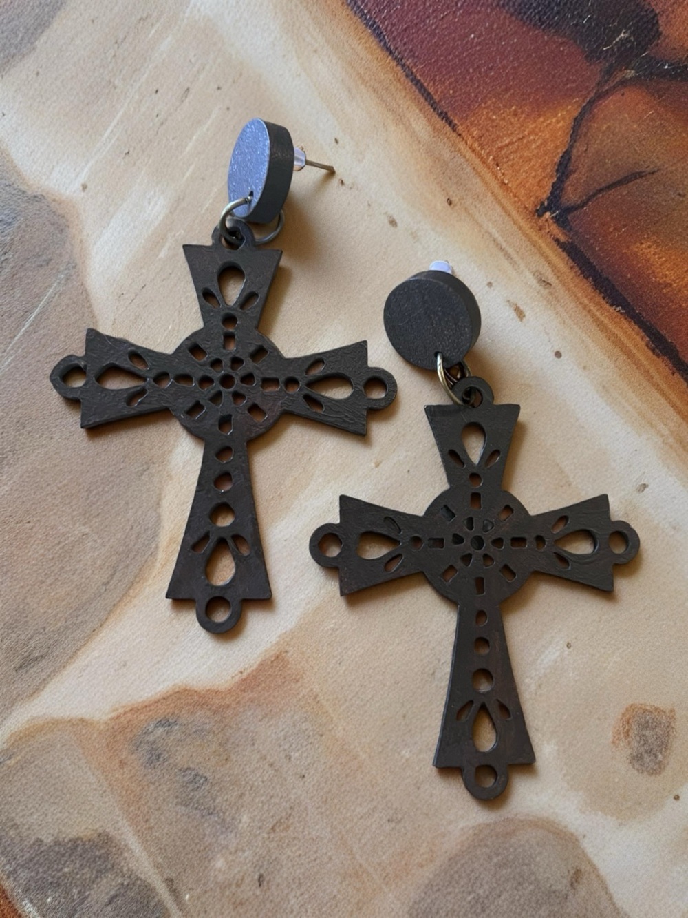 Vintage Wooden Cross Dangle Earrings in Dark Brown